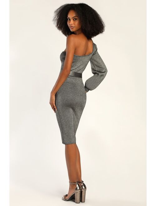 Lulus Cozy Glam Silver Metallic One-Shoulder Sweater Dress