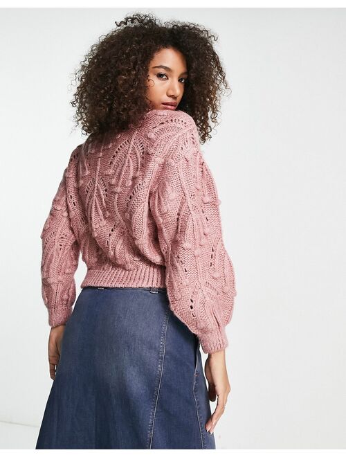 Only cable knit pom pom trim sweater in rose pink