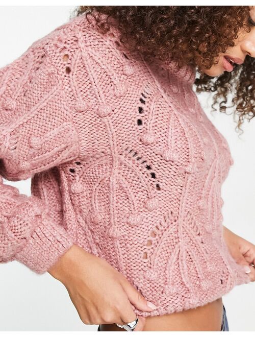 Only cable knit pom pom trim sweater in rose pink