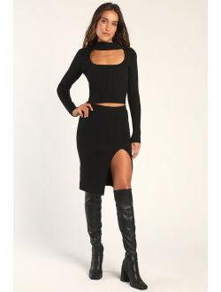 Together For Life Black Ribbed Knit Long Sleeve Two-Piece Dress