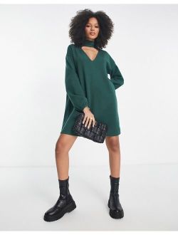 Supersoft choker detail long sleeve mini sweater dress in green