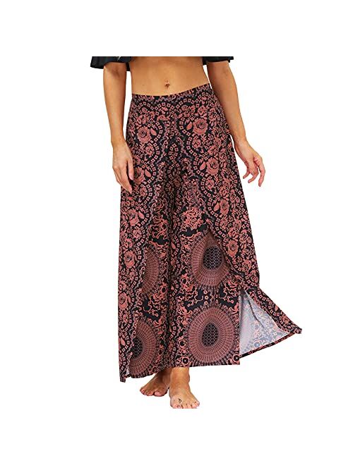 Lu's Chic Women's Boho Pants Wide Leg Gaucho Harem Yoga Flowy Bohemian Indian Side Split Palazzo