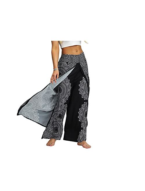 Ainuno Boho Pants Wide Leg Palazzo Pants with Slits for Women Flowy Hippie Pants Thin