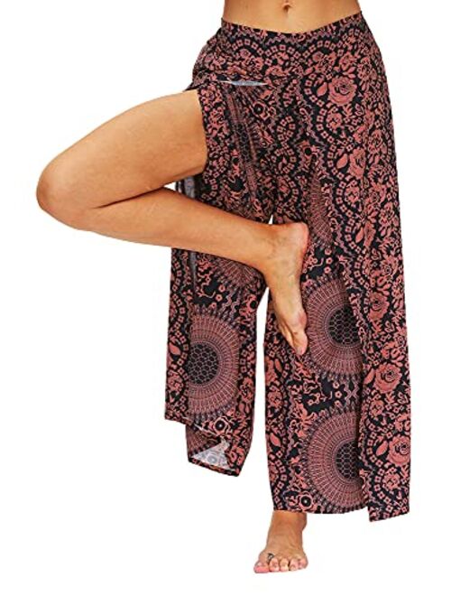 Ainuno Boho Pants Wide Leg Palazzo Pants with Slits for Women Flowy Hippie Pants Thin