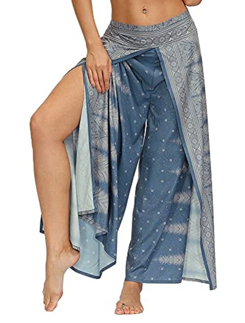 Ainuno Boho Pants Wide Leg Palazzo Pants with Slits for Women Flowy Hippie Pants Thin