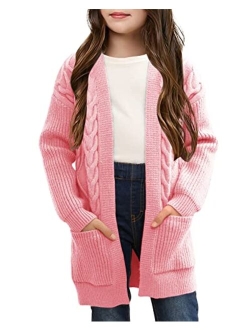 Ermonn Girls Kids Open Front Cardigans Sweaters Long Sleeve Knit Cute Sweater Outwears with Pockets for 5-14 Years