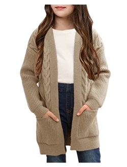 Ermonn Girls Kids Open Front Cardigans Sweaters Long Sleeve Knit Cute Sweater Outwears with Pockets for 5-14 Years