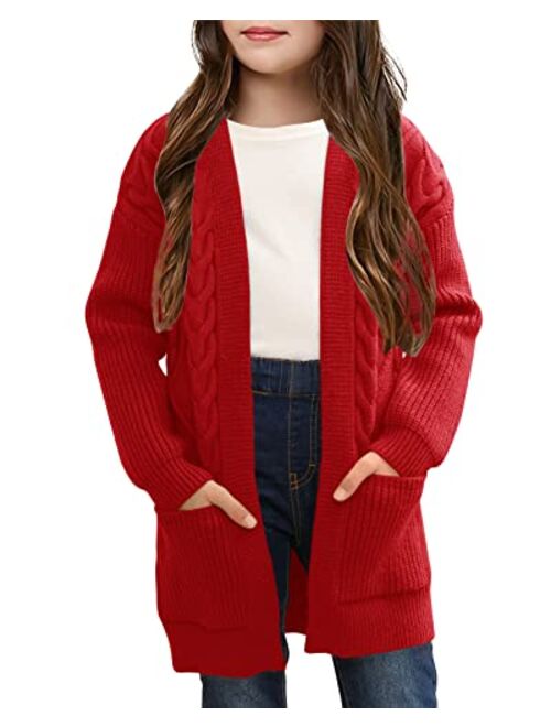 Ermonn Girls Kids Open Front Cardigans Sweaters Long Sleeve Knit Cute Sweater Outwears with Pockets for 5-14 Years