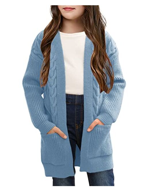 Ermonn Girls Kids Open Front Cardigans Sweaters Long Sleeve Knit Cute Sweater Outwears with Pockets for 5-14 Years