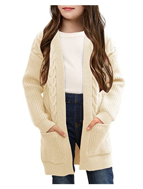 Ermonn Girls Kids Open Front Cardigans Sweaters Long Sleeve Knit Cute Sweater Outwears with Pockets for 5-14 Years