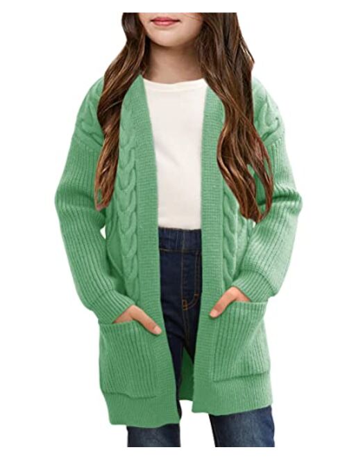 Ermonn Girls Kids Open Front Cardigans Sweaters Long Sleeve Knit Cute Sweater Outwears with Pockets for 5-14 Years