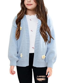 Simtuor Girls Open Front Cardigan Kids Knitted Tops Sweater Lantern Sleeve with White Flower Solid Outwear Coats 4-13 Years