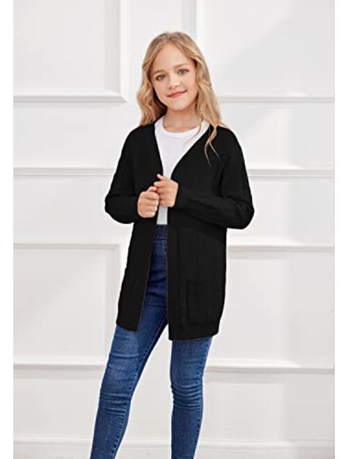 Hopeac Girls Open Front Knit Cardigan Kimono Long Sleeve Casual Fall Clothes Solid Thick Chunky Sweater Coats with Pockets