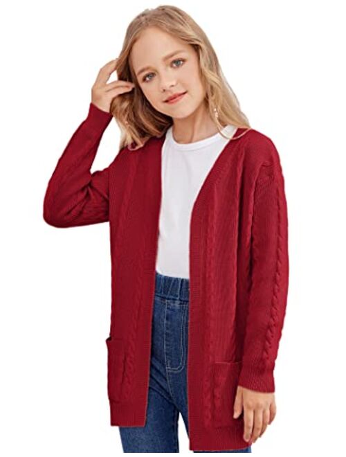 Hopeac Girls Open Front Knit Cardigan Kimono Long Sleeve Casual Fall Clothes Solid Thick Chunky Sweater Coats with Pockets