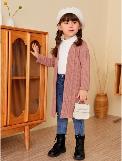 WDIRARA Toddler Girl's Open Front Long Sleeve Ribbed Knit Cardigan Casual Sweaters