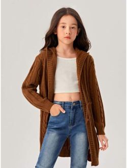 Girls Cable Knit Drawstring Waist Hooded Cardigan