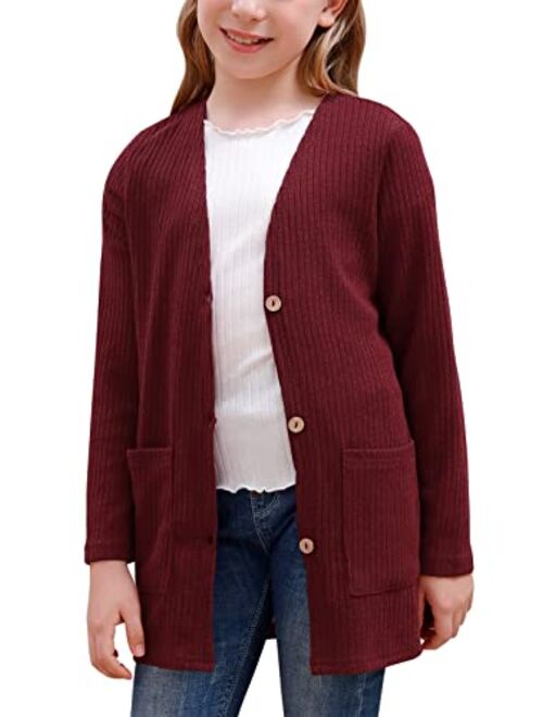 GORLYA Girls School Uniform V-Neck Button Down Soft Knit Thin Sweater Cardigan Tops with Pocket for 4-14T