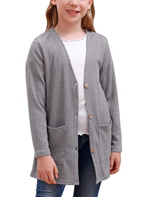 GORLYA Girls School Uniform V-Neck Button Down Soft Knit Thin Sweater Cardigan Tops with Pocket for 4-14T