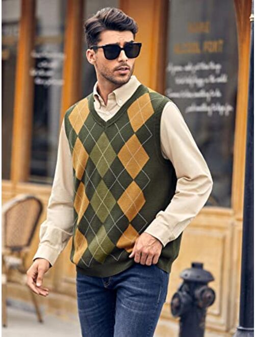 Hestenve Mens Argyle Sweater Vest V Neck Sleeveless Silm Fit Knitwear Pullover Knitted Rib Knit Tops