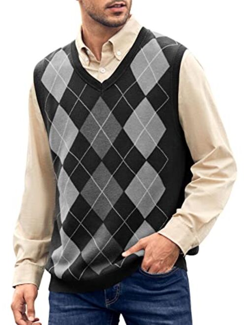 Hestenve Mens Argyle Sweater Vest V Neck Sleeveless Silm Fit Knitwear Pullover Knitted Rib Knit Tops