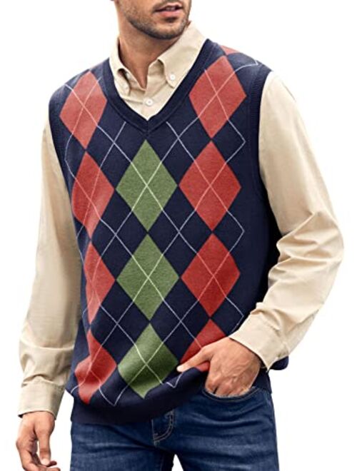 Hestenve Mens Argyle Sweater Vest V Neck Sleeveless Silm Fit Knitwear Pullover Knitted Rib Knit Tops