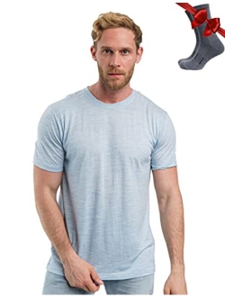 Merino.tech Merino Wool T-Shirt Mens - 100% Organic Merino Wool Undershirt Lightweight Base Layer + Hiking Wool Socks