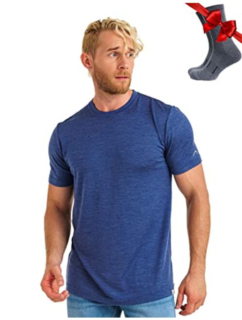 Merino.tech Merino Wool T-Shirt Mens - 100% Organic Merino Wool Undershirt Lightweight Base Layer + Hiking Wool Socks