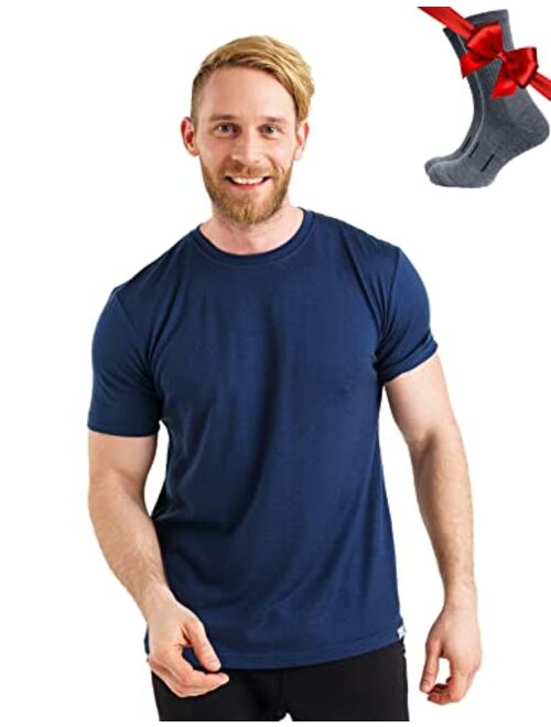 Merino.tech Merino Wool T-Shirt Mens - 100% Organic Merino Wool Undershirt Lightweight Base Layer + Hiking Wool Socks