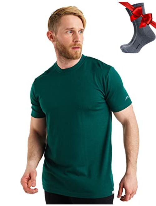 Merino.tech Merino Wool T-Shirt Mens - 100% Organic Merino Wool Undershirt Lightweight Base Layer + Hiking Wool Socks