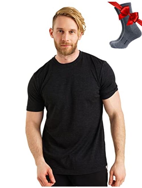 Merino.tech Merino Wool T-Shirt Mens - 100% Organic Merino Wool Undershirt Lightweight Base Layer + Hiking Wool Socks