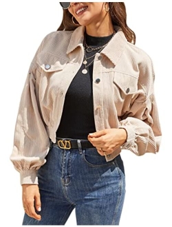 Uaneo Womens Cropped Corduroy Jacket Button Down Long Puff Sleeve Cord Jacket