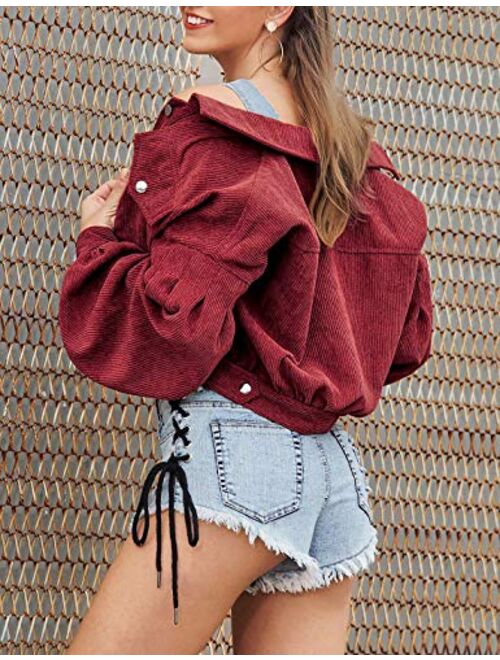 Uaneo Womens Cropped Corduroy Jacket Button Down Long Puff Sleeve Cord Jacket