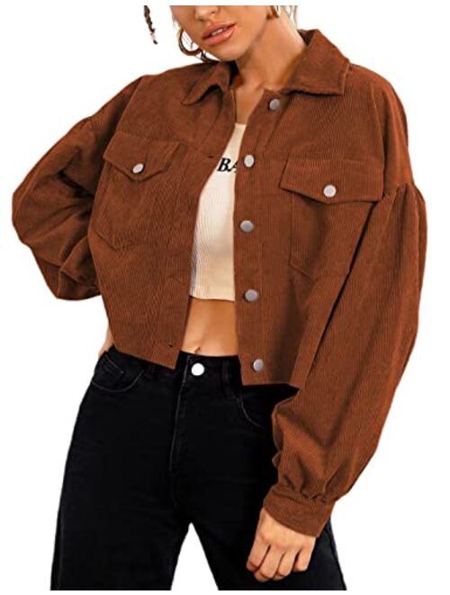 Uaneo Womens Cropped Corduroy Jacket Button Down Long Puff Sleeve Cord Jacket