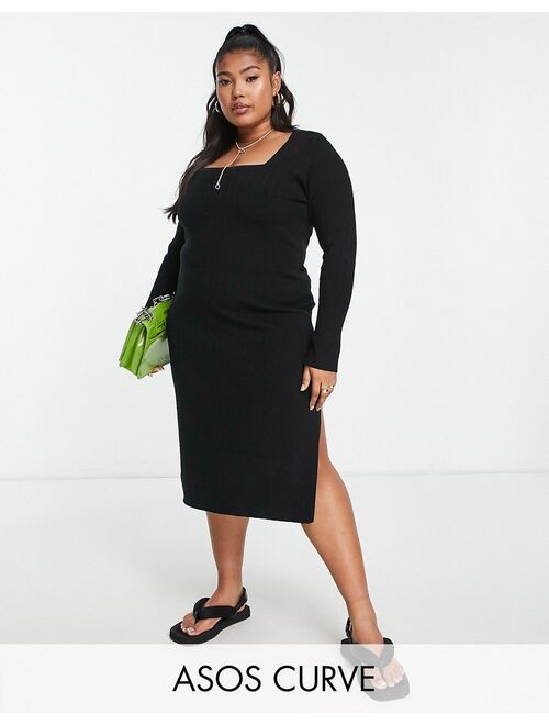 ASOS Curve ASOS DESIGN Curve knitted midi dress with square neck in black