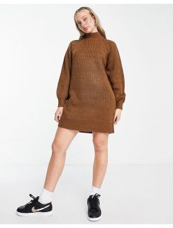 Noisy May high neck knit mini sweater dress in brown