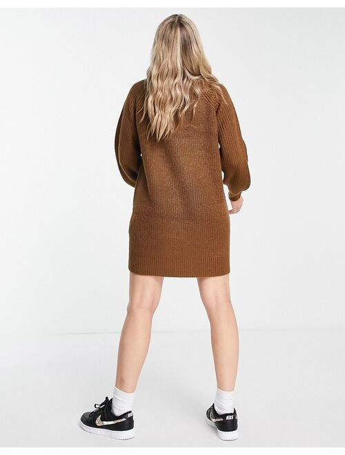 Noisy May high neck knit mini sweater dress in brown