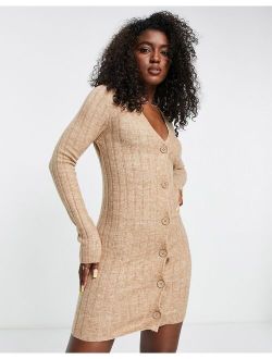 knitted mini dress with button through detail in taupe