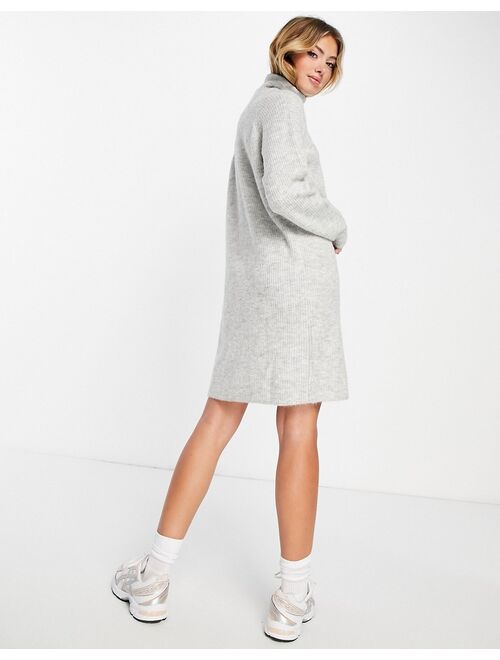 Pieces high neck knitted mini dress in light gray