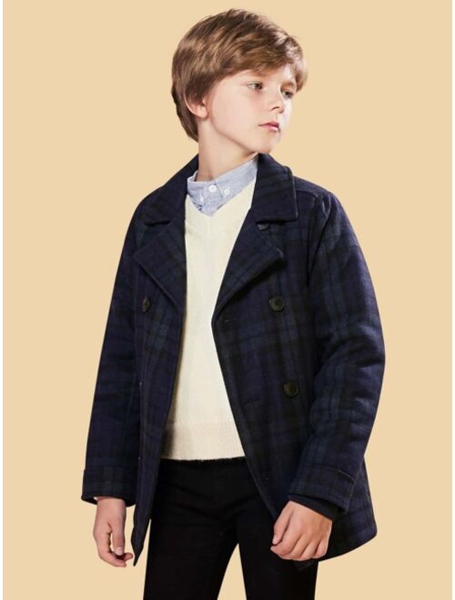 SOLOCOTE Boys Plaid Print Double Breasted Overcoat