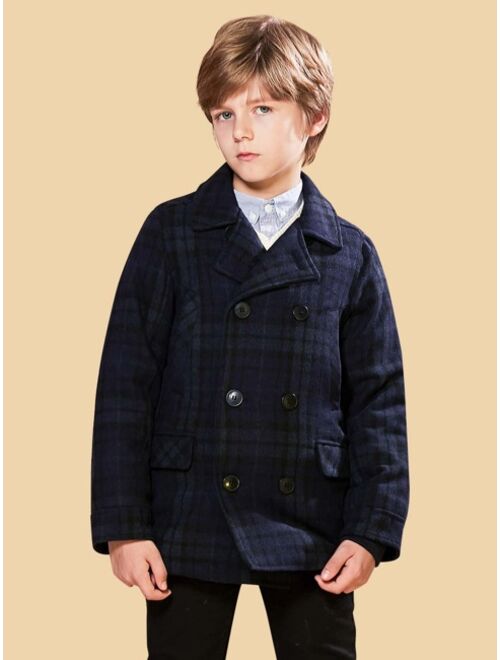 SOLOCOTE Boys Plaid Print Double Breasted Overcoat