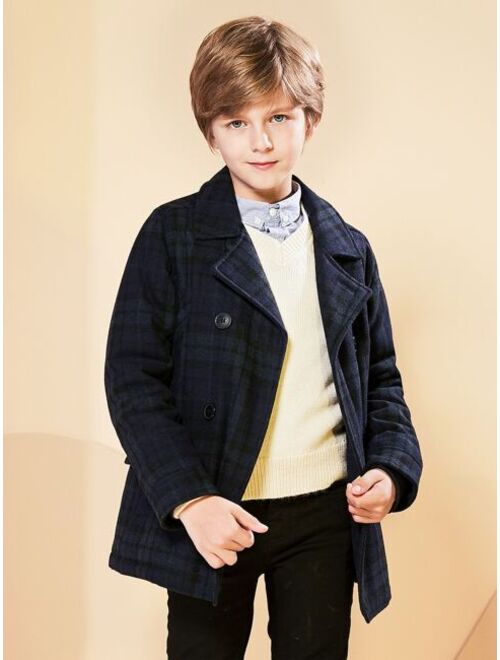 SOLOCOTE Boys Plaid Print Double Breasted Overcoat