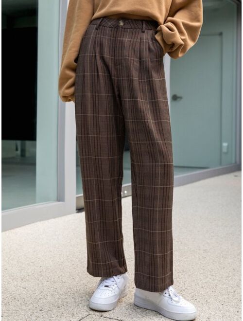 DAZY High Waist Plaid Print Slant Pockets Pants