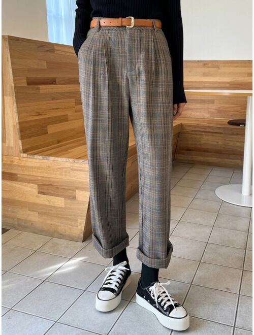 DAZY High Waist Plaid Print Slant Pockets Pants