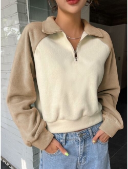 Two Tone Raglan Sleeve Half Zipper Fleece Pullover