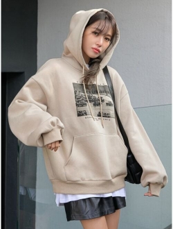 Letter & Car Print Drop Shoulder Drawstring Thermal Hoodie Without Tee