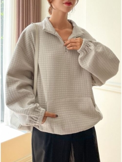 Quilted Half Zipper Kangaroo Pocket Drop Shoulder Sweatshirt