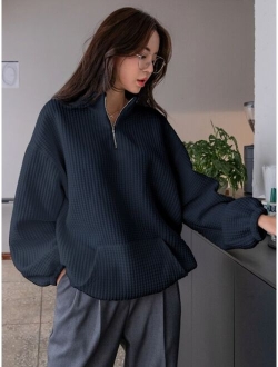 Quilted Half Zipper Kangaroo Pocket Drop Shoulder Sweatshirt