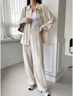 Button Front Shirt Fold Pleated Pants