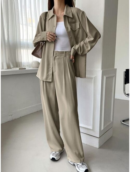 DAZY Button Front Shirt Fold Pleated Pants