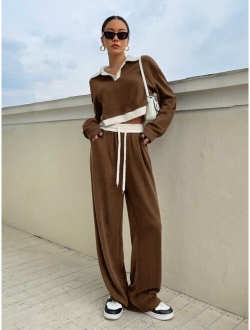 Contrast Collar Drop Shoulder Crop Sweatshirt Sweatpants